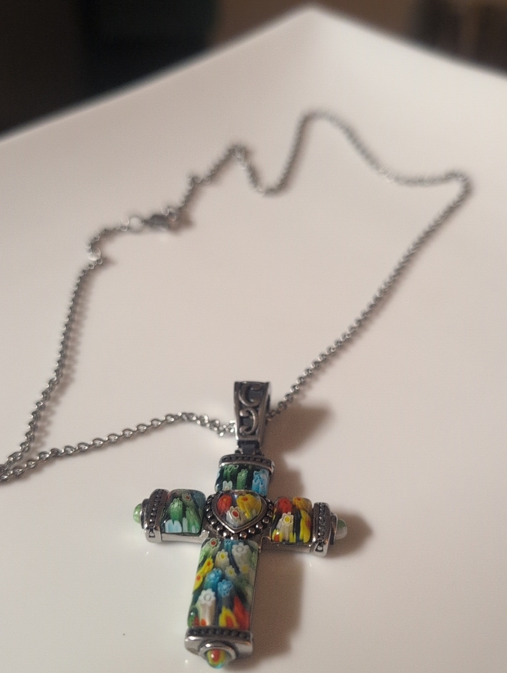 Colorful LC Millefiori Look Cross Pendant Necklace - Stainless